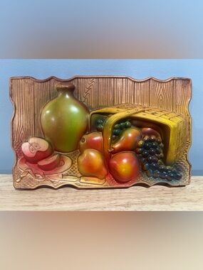 Vintage 1967 Miller Studios Chalkware Wall Plaque Fruit Basket Jug Pear Grapes